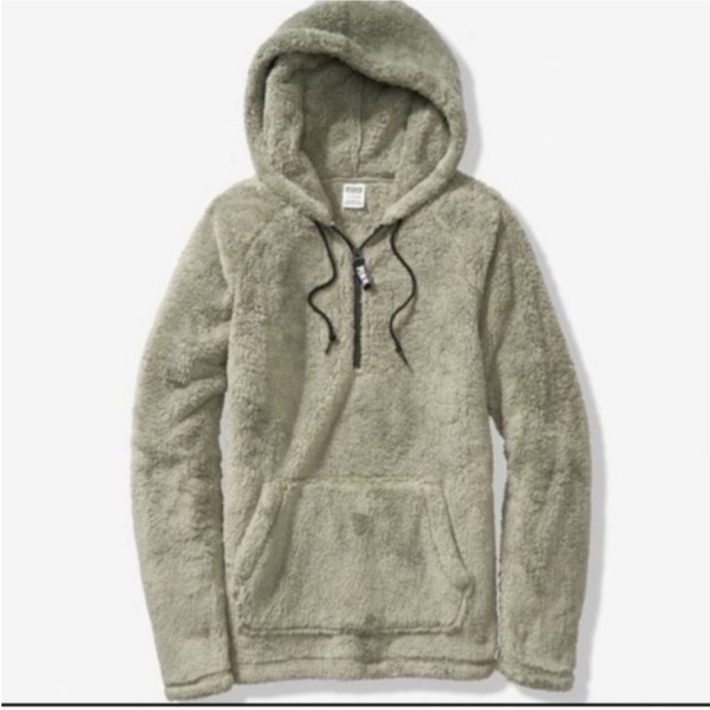 🆕 VS Pink Teddy Half Zip Green Hoodie